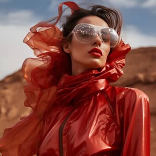 [professional photograph][16:9] ( tall iranian girl 28 year ) (2050 at the desert filled with garbage) (wearing a red